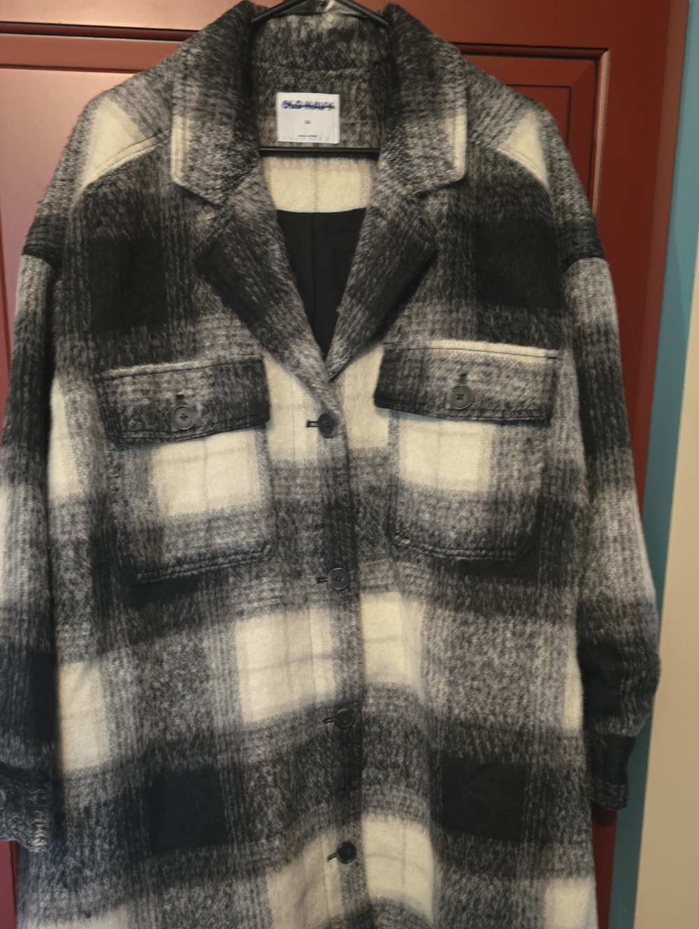 Old Navy Black & Cream Plaid Pea Coat